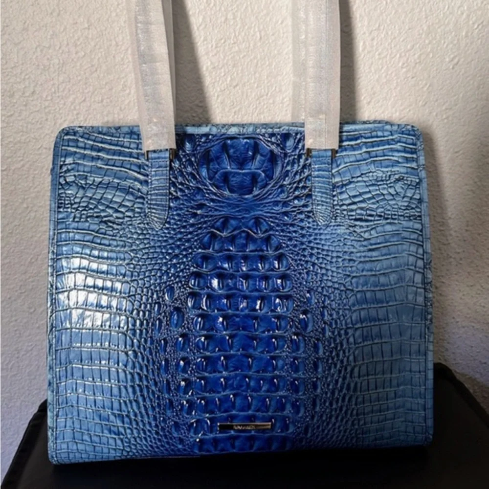 NWT BRAHMIN TIA ELECTRIC BLUE OMBRE MELBOURNE CROC-EMBOSSED LEATHER SATCHEL‎